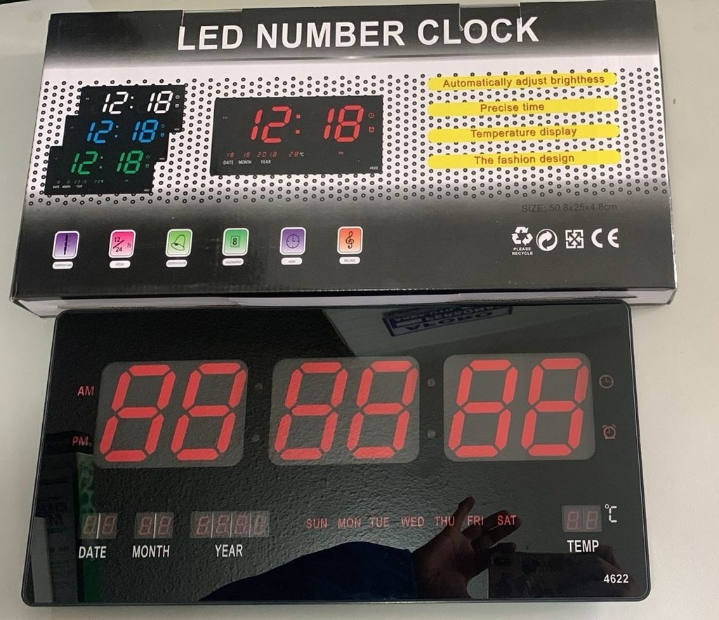 RELOJ DIGITAL DE PARED CALENDARIO TEMPERATURA ALARMA (45 cm X 22 cm)