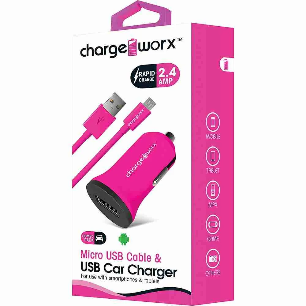 Cargador Vehicular + Cable Sync Micro USB, Rosado, Chargeworx